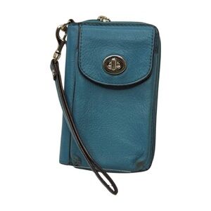 Coach Teal Blue Leather Turnlock Wristlet Wallet Zip Around ID Window